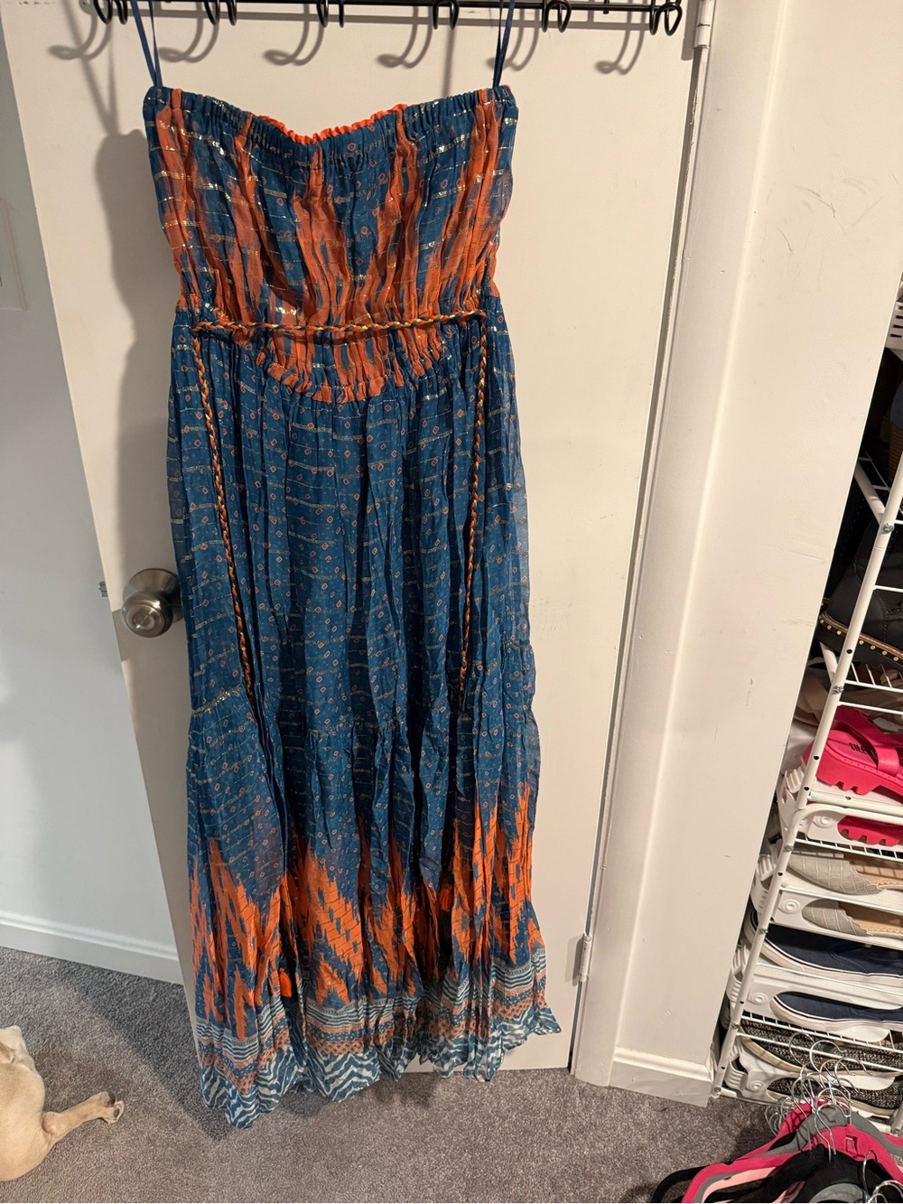 Smocked Strapless Maxi Dress in Blue and Orange